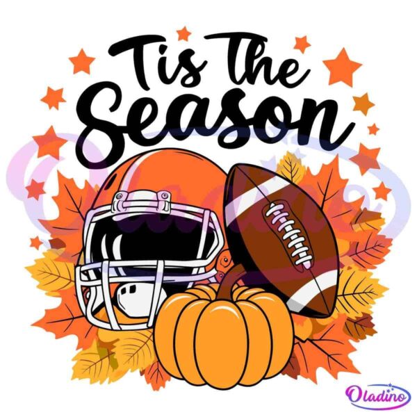 An illustration of an American football helmet and ball set against a background of fall leaves and stars. A pumpkin is placed in front of the helmet and football, evoking a festive autumn or Thanksgiving theme.