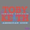 The image features the text "Toby Keith" in large, bold red letters with white stars between the words. Below is a blue silhouette of a person holding a guitar, and underneath, a blue banner reads "American Icon" in white letters.