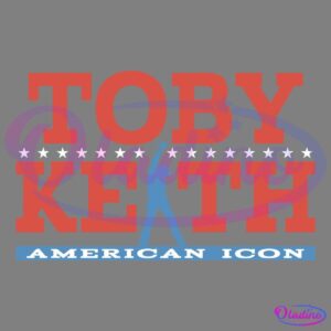 The image features the text "Toby Keith" in large, bold red letters with white stars between the words. Below is a blue silhouette of a person holding a guitar, and underneath, a blue banner reads "American Icon" in white letters.