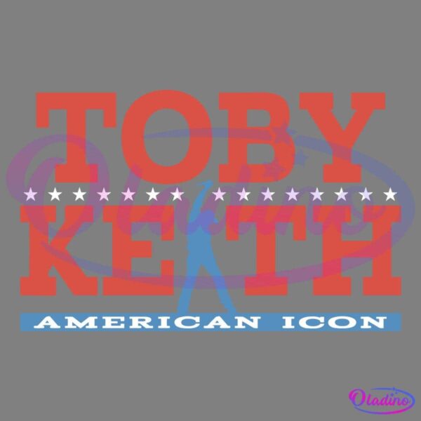 The image features the text "Toby Keith" in large, bold red letters with white stars between the words. Below is a blue silhouette of a person holding a guitar, and underneath, a blue banner reads "American Icon" in white letters.