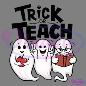 Illustration of three friendly ghosts against a black background. The first ghost is holding a red apple, the second is smiling with both hands forming peace signs, and the third ghost is wearing glasses and reading a book.