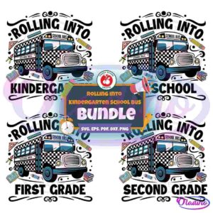 Illustration of multiple cartoon school buses with a checkered pattern. Central text reads, "Rolling into Kindergarten School Bus Bundle." Surrounding icons include a bell, alarm clock, pencil, books, and paper. Available in SVG, EPS, PDF, DXF, and PNG formats.