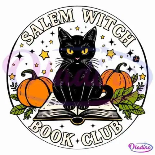 A graphic design featuring a black cat sitting on an open book with two pumpkins and green leaves around it. Yellow stars are scattered in the background. The text "Salem Witch Book Club" surrounds the illustration in a circular layout.