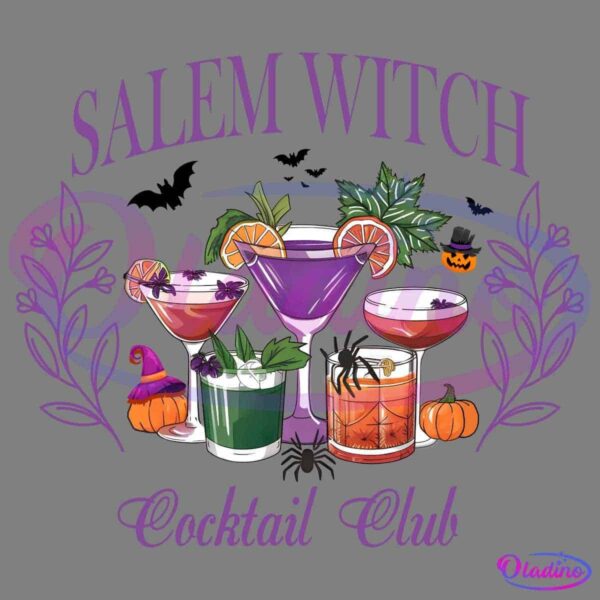 Illustration of assorted colorful cocktails with Halloween-themed garnishes, surrounded by pumpkins, spiders, bats, and leaves. The text "Salem Witch Cocktail Club" is displayed in purple, with decorative leafy branches on each side.