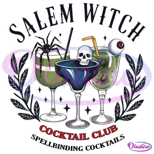 Three spooky cocktail glasses: one with a spider, one with a skull, and one with an eyeball garnish, under the words "Salem Witch Cocktail Club." The glasses are surrounded by leafy decorations. The text "Cocktail Club" is in red.