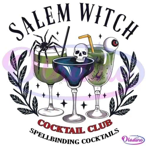 Three spooky cocktail glasses: one with a spider, one with a skull, and one with an eyeball garnish, under the words "Salem Witch Cocktail Club." The glasses are surrounded by leafy decorations. The text "Cocktail Club" is in red.