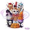 A colorful illustration featuring various spooky-themed desserts, including ghostly ice creams, a skeleton ice cream cone, a witch hat-topped ice cream cup, a haunted popsicle, and smiling jack-o'-lantern pastries, set against a festive background.