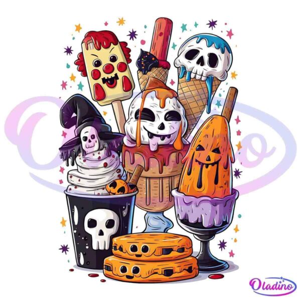 A colorful illustration featuring various spooky-themed desserts, including ghostly ice creams, a skeleton ice cream cone, a witch hat-topped ice cream cup, a haunted popsicle, and smiling jack-o'-lantern pastries, set against a festive background.