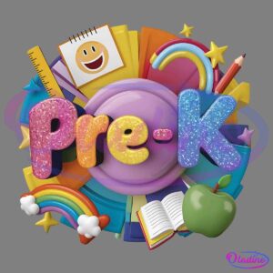 A colorful illustration with the text "Pre-K" in glittery letters. Surrounding elements include a smiley face on paper, a pencil, ruler, stars, rainbow, open book, crayons, and an apple. The background features a vibrant mix of shapes and colors to signify learning.