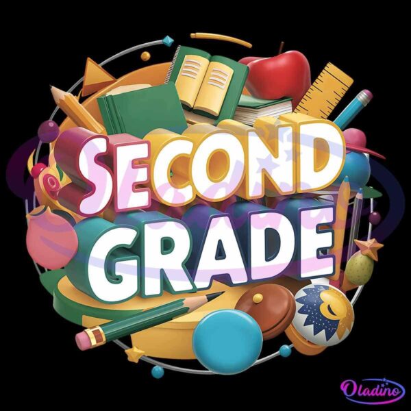 A colorful illustration with the words "Second Grade" prominently displayed among various school-related items such as books, pencils, paintbrushes, a globe, a star-shaped object, a ruler, and other educational materials arranged in a whimsical manner.