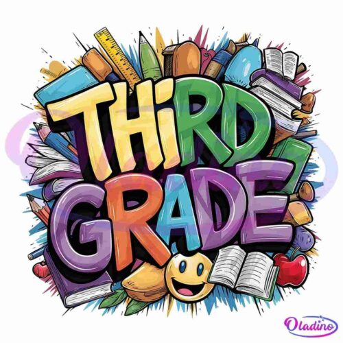 Colorful illustration depicting the words "Third Grade" in bold, vibrant letters surrounded by various school-related items such as books, a ruler, pencils, a globe, an apple, and a smiling emoji.