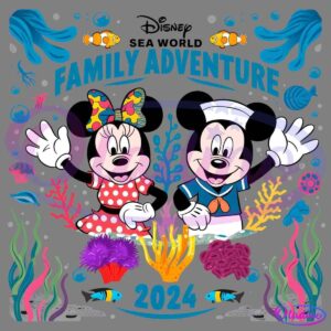 A vibrant image featuring Mickey and Minnie Mouse dressed in sailor outfits, waving amidst colorful sea creatures and coral. The text reads "Disney Sea World Family Adventure 2024" with playful ocean-themed decorations surrounding the characters.