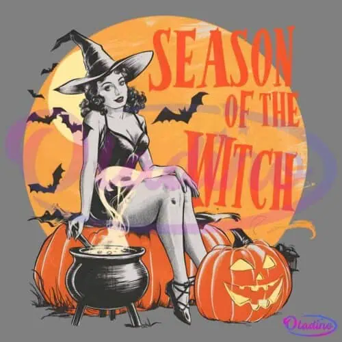 A vintage-style illustration showing a woman dressed as a witch, sitting on a pumpkin and stirring a cauldron. The background is an orange full moon with flying bats and the text "Season of the Witch" in bold letters. Another carved pumpkin sits nearby.