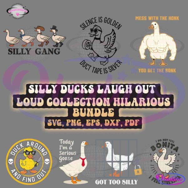 A collage featuring various humorous duck illustrations and text. Ducks are shown in silly poses, including a muscular duck and a detective duck. Text reads "Silly Ducks Laugh Out Loud Collection Hilarious Bundle" and lists file formats like SVG, PNG, EPS, DXF, PDF.