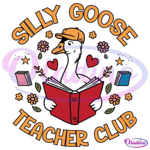 An illustration of a white goose wearing an orange cap, holding a red book. Surrounding the goose are colorful flowers, hearts, and books. The text "Silly Goose Teacher Club" arcs above and below the goose.