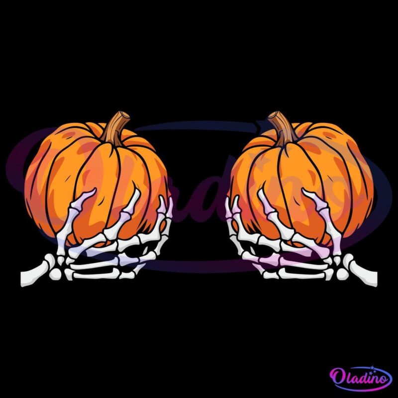 Two large orange pumpkins are gripped by skeletal hands from the bottom against a dark background. The pumpkins are positioned side by side, giving a mirrored effect. The skeletal hands are white and appear to be gently holding the pumpkins.