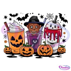 A festive Halloween-themed illustration featuring spooky drinks and pumpkins. The drinks are designed with Halloween elements: one with a jack-o'-lantern face and whipped cream, one with a mummy face and witch hat, and one with a ghost face and dripping red topping. Surrounding them are small pumpkins.