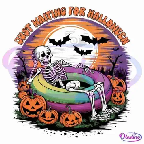 A skeleton lounges casually in a colorful inflatable pool ring, surrounded by carved pumpkins. Bats fly across a large orange moon in the background. Above the scene, the text reads "Just Waiting For Halloween" in a curved, whimsical font.