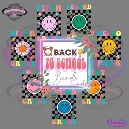 A colorful "Back to School Bundle" design surrounded by grades Pre-K to Sixth. The background is filled with fun elements like flowers, smiley faces, stars, and cheerful phrases like "Good Looking" and "Good Attitude.