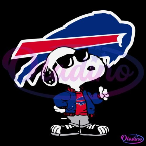 An illustration of Snoopy wearing sunglasses, a blue jacket with a red Buffalo Bills logo, and gray pants. The background features the Buffalo Bills team logo, a blue buffalo with a red stripe across it.