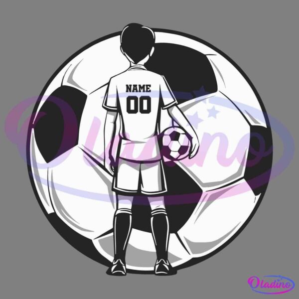 Monochrome illustration of a young soccer player standing with a soccer ball under one arm, facing away. The player's jersey has "Name" and number "00" printed on the back. A large soccer ball serves as the background.