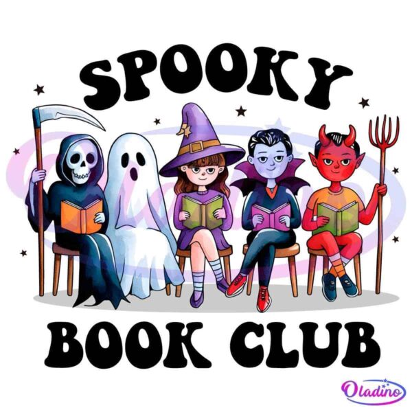 A whimsical illustration of five characters reading books: a reaper, a ghost, a witch, a vampire, and a devil. They are all seated in a row, engrossed in their books, against a black background.