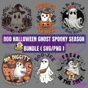 A colorful Halloween-themed design bundle featuring six playful ghost illustrations. Each ghost is depicted in various costumes and activities, including trick-or-treating, dancing, and holding a pumpkin. The text reads "Boo Halloween Ghost Spooky Season Bundle (SVG/PNG).