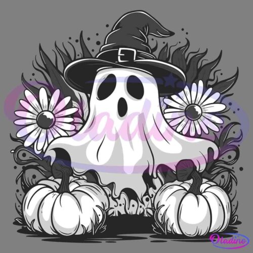 Illustration of a ghost with a witch hat, surrounded by daisies and two pumpkins with curling vines. The scene is monochromatic, giving it a spooky and whimsical Halloween vibe.