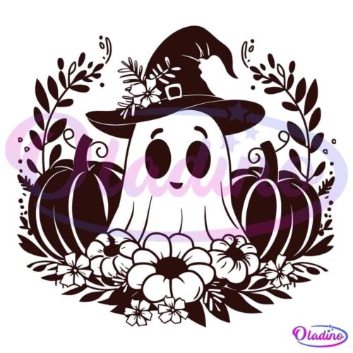 A cute ghost wearing a witch hat smiles cheerfully. The scene is decorated with pumpkins and various flowers, all surrounded by leafy branches. The design has a whimsical, festive Halloween theme.