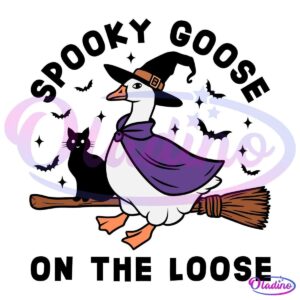 A cartoon goose dressed as a witch, wearing a hat and purple cape, stands on a flying broomstick. A black cat sits behind the goose, and two bats fly nearby. The text above and below reads, "Spooky Goose on the Loose.