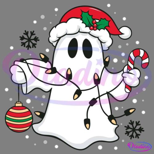 A cute ghost wearing a Santa hat and tangled in Christmas lights holds a candy cane in one hand and a Christmas ornament in the other. Snowflakes are scattered around it, creating a festive holiday scene.