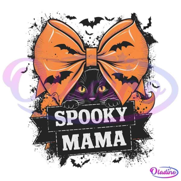 Illustration of a black cat with yellow eyes peeking out from behind a wooden sign reading "SPOOKY MAMA." The cat wears a large orange bow adorned with black bats. The background is dark with a distressed texture, enhancing the Halloween theme.