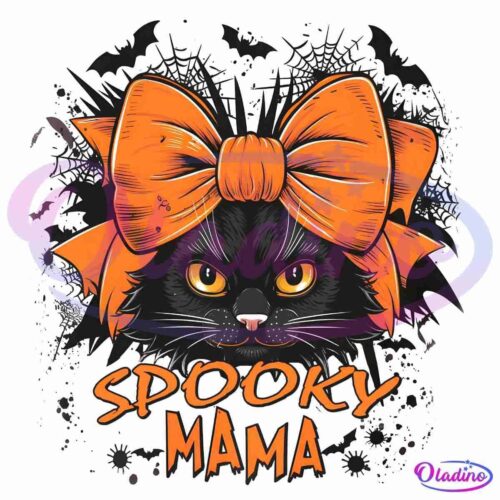 Illustration of a black cat with orange eyes, wearing a large orange bow on its head. The background features spiderwebs and bats. Below the cat, the text "SPOOKY MAMA" is written in a bold, orange, Halloween-themed font.