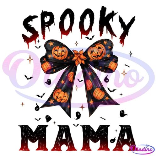 A graphic featuring the text "Spooky Mama" with a large orange and black bow adorned with spiderwebs at the center. Small bats, ghosts, and stars surround the bow, enhancing the Halloween theme. The word "Spooky" is styled with a dripping blood effect.