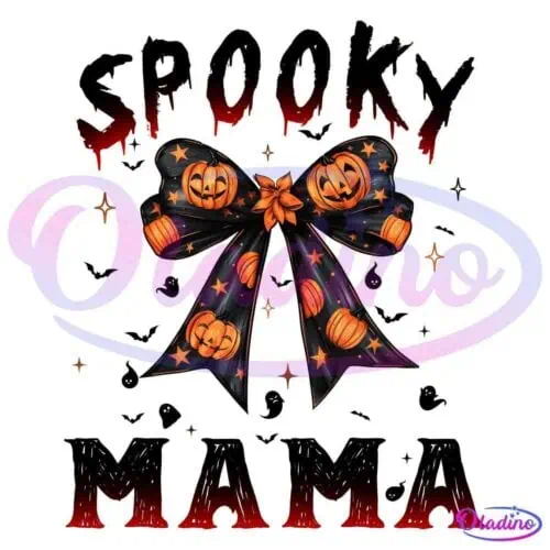 A graphic featuring the text "Spooky Mama" with a large orange and black bow adorned with spiderwebs at the center. Small bats, ghosts, and stars surround the bow, enhancing the Halloween theme. The word "Spooky" is styled with a dripping blood effect.