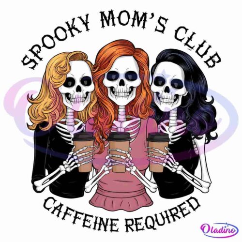 A colorful illustration depicts three skeletons with hair in varying shades—blonde, red, and black—wearing casual clothes and holding coffee cups. They stand closely together against a black background, smiling as they enjoy their beverages.