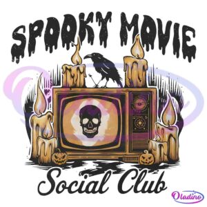 A vintage television displaying a skull is surrounded by five large, dripping candles. A raven perches on top of the TV. Small jack-o'-lanterns and a decorative text "Social Club" are at the bottom. The scene has a Halloween-themed, eerie atmosphere.