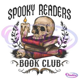 Illustration of a skull resting on a stack of books with another smaller skull and a lit candle nearby, set against a dark background with the words "Book Club" beneath the imagery and decorative leaves framing the scene.