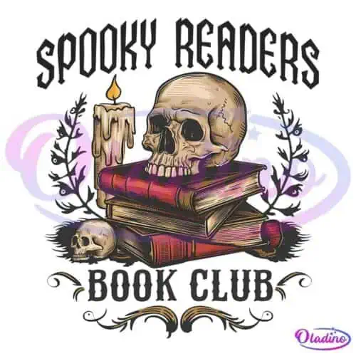 Illustration of a skull resting on a stack of books with another smaller skull and a lit candle nearby, set against a dark background with the words "Book Club" beneath the imagery and decorative leaves framing the scene.