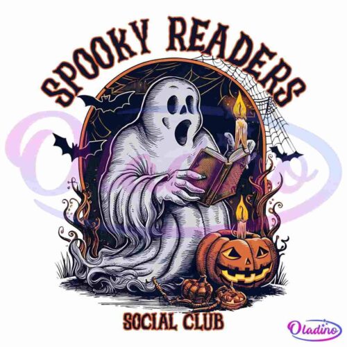 A t-shirt design featuring a ghost reading a book by candlelight. The ghost is surrounded by pumpkins, bats, and a Jack-o'-lantern. The text "Spooky Readers Social Club" appears above and below the ghost in a stylized font.