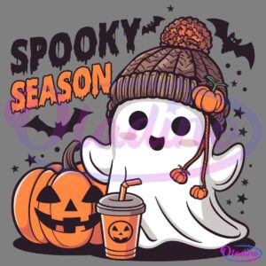 Illustration of a cheerful ghost wearing a knit hat adorned with pumpkins, surrounded by Halloween decor. A jack-o'-lantern, bats, and a Halloween-themed drink are present. The text "Spooky Season" is displayed in a fun, spooky font at the top left corner.