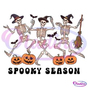 Three dancing skeletons wearing witch hats are surrounded by flying bats. Each skeleton stands next to a carved pumpkin with a glowing face. One skeleton holds a broomstick, and all are set against a black background.