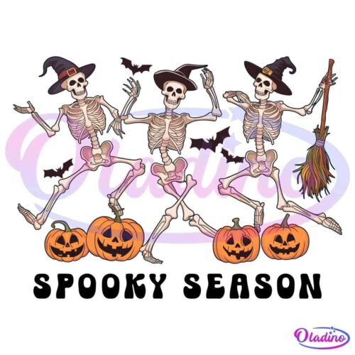 Three dancing skeletons wearing witch hats are surrounded by flying bats. Each skeleton stands next to a carved pumpkin with a glowing face. One skeleton holds a broomstick, and all are set against a black background.