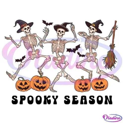 Three dancing skeletons wearing witch hats are surrounded by flying bats. Each skeleton stands next to a carved pumpkin with a glowing face. One skeleton holds a broomstick, and all are set against a black background.