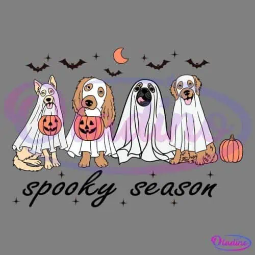 Four dogs dressed as ghosts with white sheets covering their bodies, sitting in a row. Two of the dogs have jack-o'-lanterns on their sheets. There are small flying bats, a crescent moon, and a pumpkin beside the dogs, creating a Halloween theme.