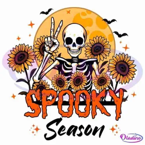 A skeleton making a peace sign stands amid blooming sunflowers under a full moon. The word "SPOOKY" is written in bold, orange, dripping letters at the bottom. Bats and stars are scattered in the background, adding to the Halloween theme.