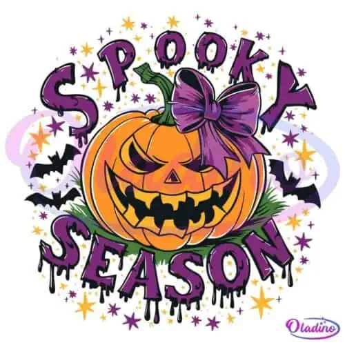 A grinning jack-o'-lantern sits at the center of the image, adorned with a large purple bow. Surrounding the pumpkin are stars and bats. The text "Spooky Season" is written in a spooky purple font with black dripping edges. The background is black.