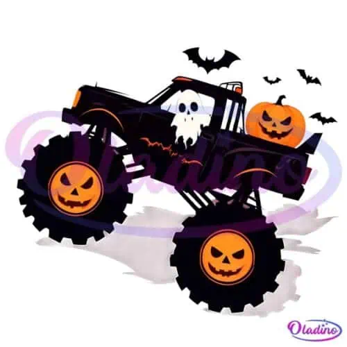 A Halloween-themed monster truck with large wheels featuring jack-o-lantern faces. The truck is decorated with spooky elements, including bats, a white ghost on the door, and a large pumpkin with a carved face in the truck bed. The background is dark and eerie.