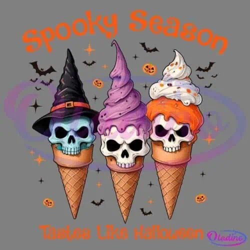 Illustration of three ice cream cones with skulls as ice cream scoops, each topped with different colored swirls and Halloween-themed decorations. Text above reads "Spooky Season" and below "Tastes Like Halloween," with bats and pumpkins in the background.