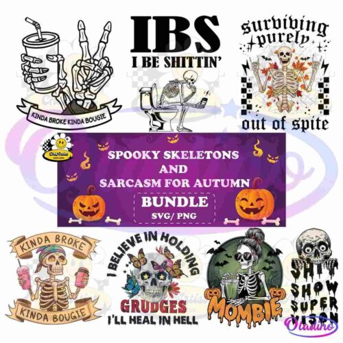 A collection of Halloween-themed digital designs featuring skeletons and humorous text. The designs include phrases like "Spooky Skeletons," "Shift Happens," "Kinda Broke," "Grudge Head," "Mombie," and "Sarcasm for Autumn Bundle." The background is purple with pumpkins.